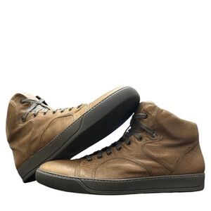 LANVIN - BROWN MID-TOP ALL LEATHER SNEAKERS